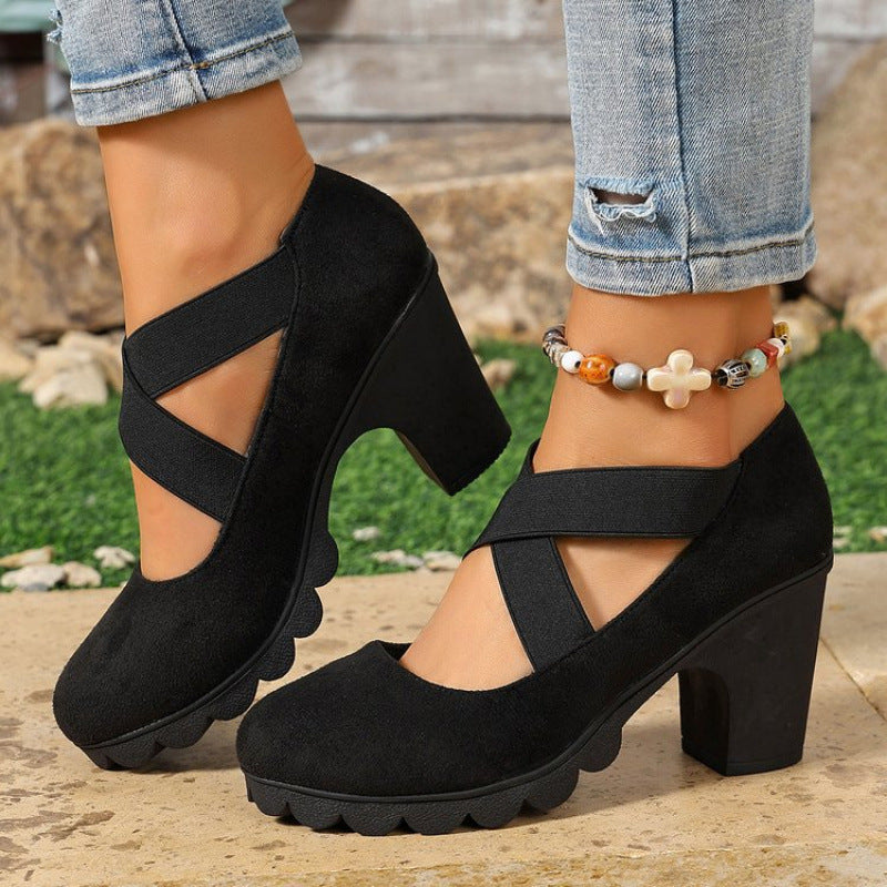 Womens Round Toe Crisscross Strap Mary Jane Shoes Chunky Heel Platform Cutout High Heels