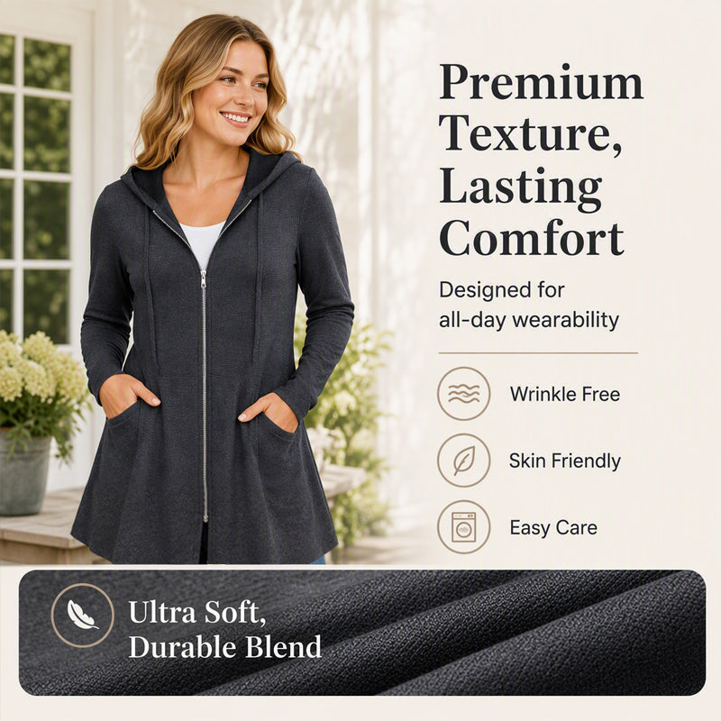 🧥 Easy Coverage, Everyday Comfort | Women's Mid-Length Zip-Up Hooded Jacket