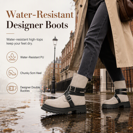 Women's Round Toe Boots with Buckle Strap Chunky Mid Heel Platform Ankle Boots