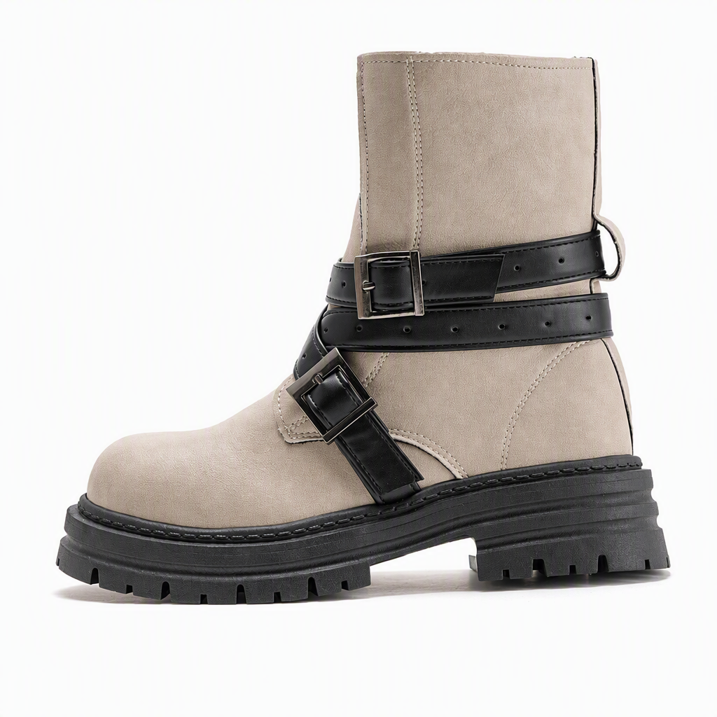Women's Round Toe Boots with Buckle Strap Chunky Mid Heel Platform Ankle Boots
