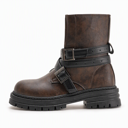 Women's Round Toe Boots with Buckle Strap Chunky Mid Heel Platform Ankle Boots
