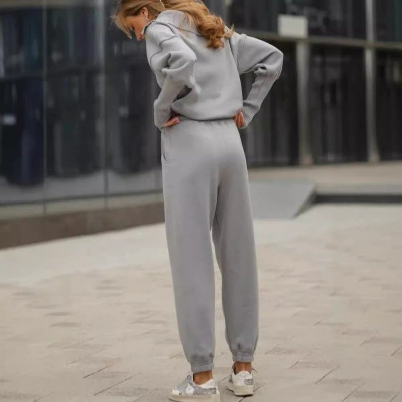 🤎 Women's Casual Sporty 2-Piece Set - Half-Zipper Lapel Top & Matching Jogger