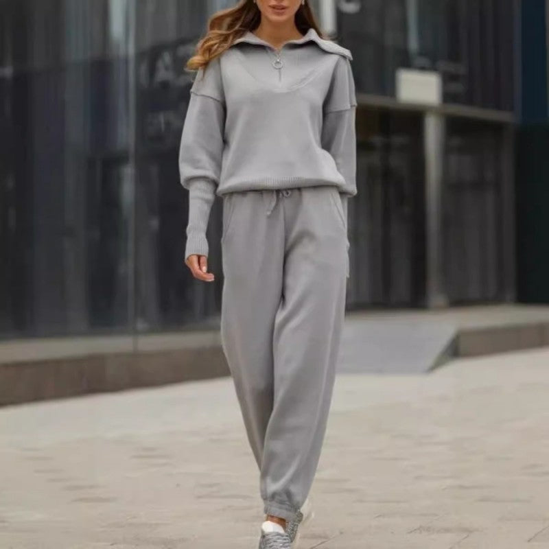 🤎 Women's Casual Sporty 2-Piece Set - Half-Zipper Lapel Top & Matching Jogger