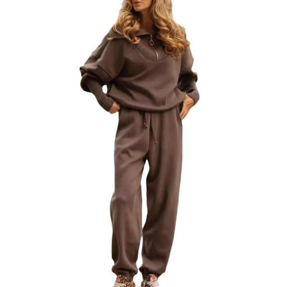 🤎 Women's Casual Sporty 2-Piece Set - Half-Zipper Lapel Top & Matching Jogger