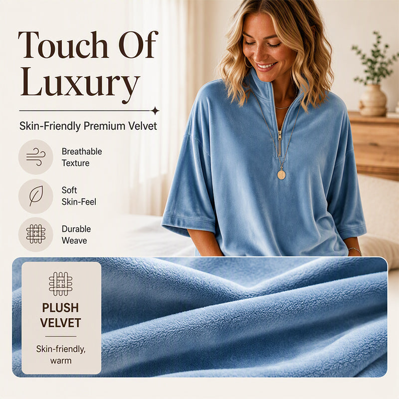 Women's 3/4 Sleeve Half-Zip Velvet Top