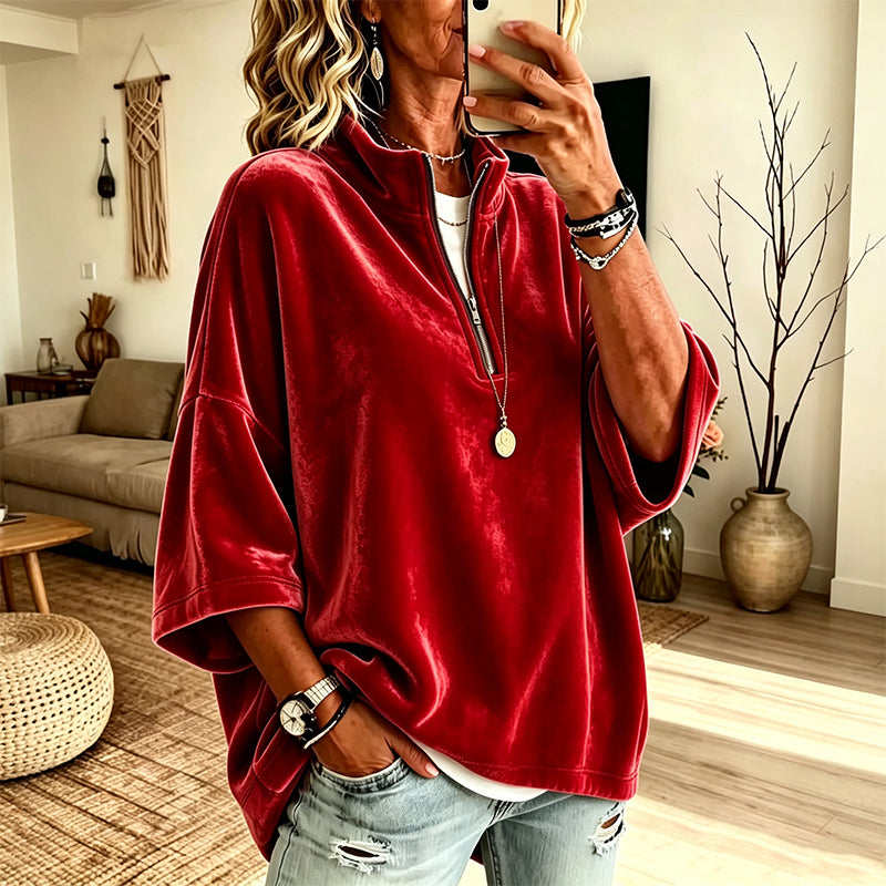 Women's 3/4 Sleeve Half-Zip Velvet Top