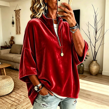 Women's 3/4 Sleeve Half-Zip Velvet Top
