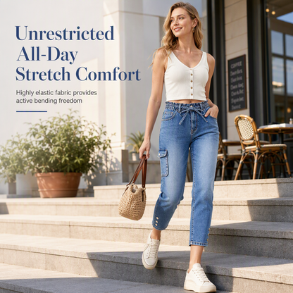 Women's High Waisted Stretch Denim Jeans with Cargo Pockets and Button Cuffs