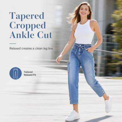 Women's High Waisted Stretch Denim Jeans with Cargo Pockets and Button Cuffs