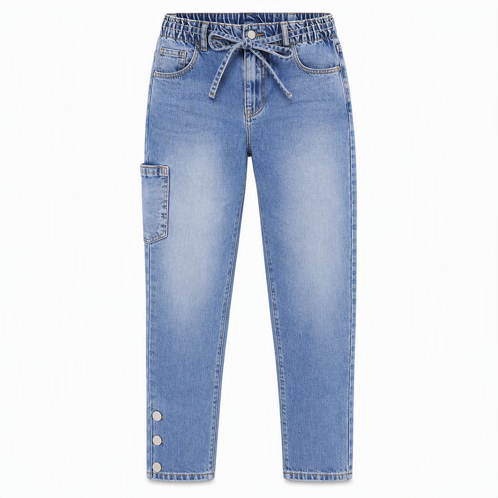 Women's High Waisted Stretch Denim Jeans with Cargo Pockets and Button Cuffs
