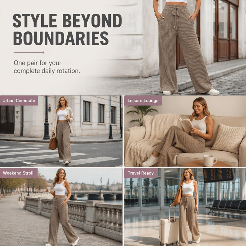 🧶 Textured Comfort | Women's Ribbed-Knit Wide-Leg Trousers