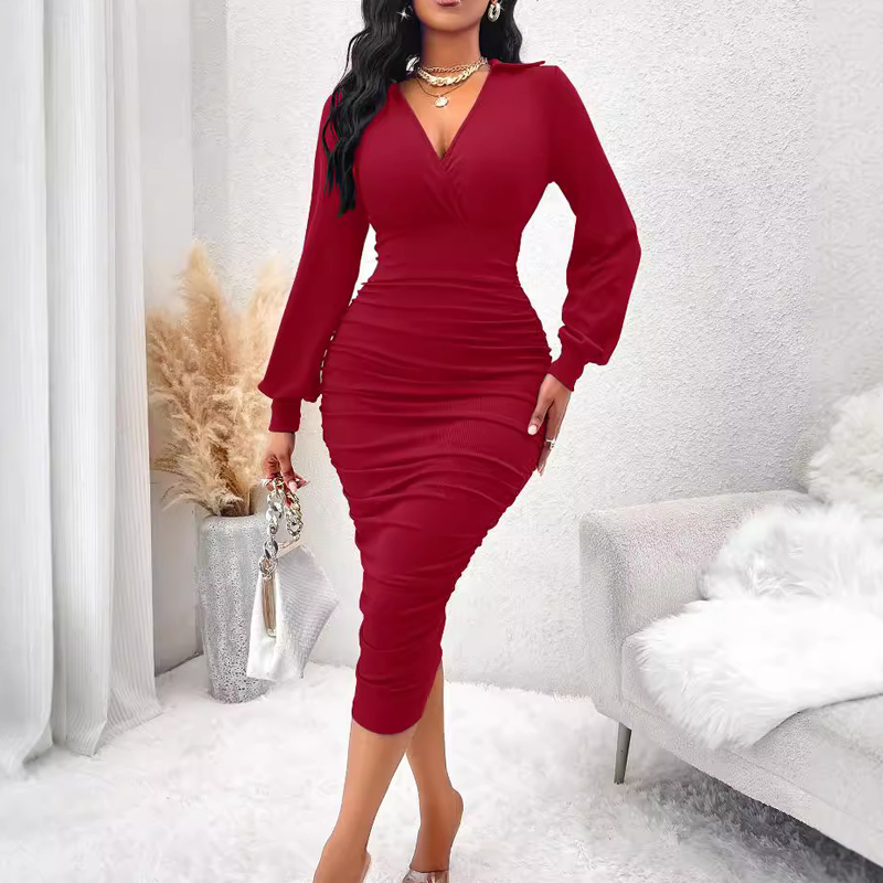 ⏰Last Day Sale 50% Off💃Women's V-Neck Lantern Sleeve Ruched Bodycon Dress