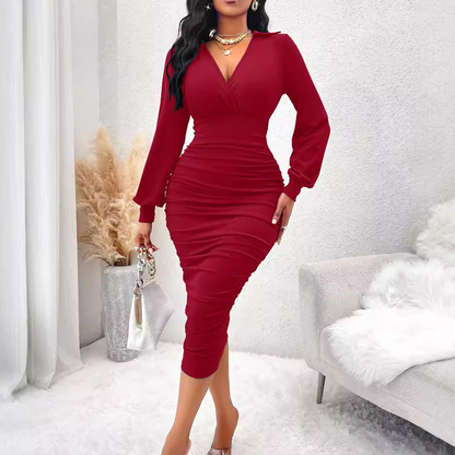 ⏰Last Day Sale 50% Off💃Women's V-Neck Lantern Sleeve Ruched Bodycon Dress
