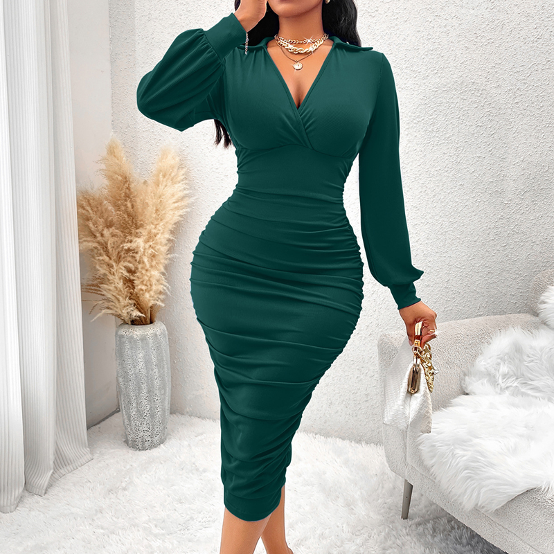 ⏰Last Day Sale 50% Off💃Women's V-Neck Lantern Sleeve Ruched Bodycon Dress