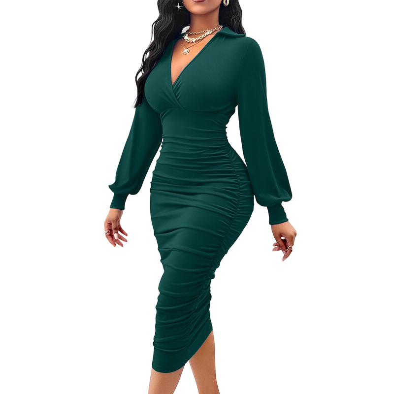 ⏰Last Day Sale 50% Off💃Women's V-Neck Lantern Sleeve Ruched Bodycon Dress