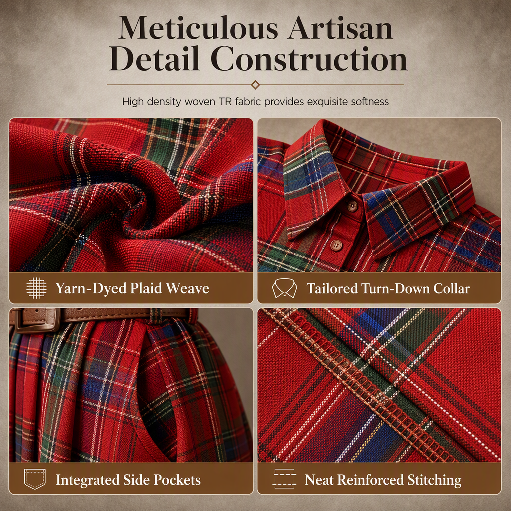 Plus Size Women French Vintage Plaid Dress with Irregular Hem and Slimming Design