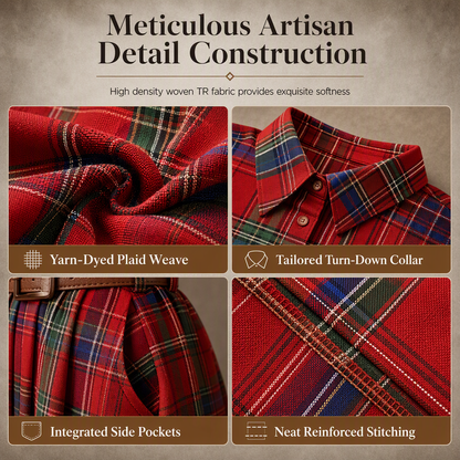Plus Size Women French Vintage Plaid Dress with Irregular Hem and Slimming Design