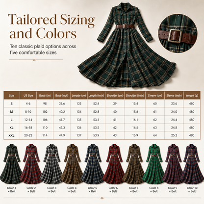 Plus Size Women French Vintage Plaid Dress with Irregular Hem and Slimming Design