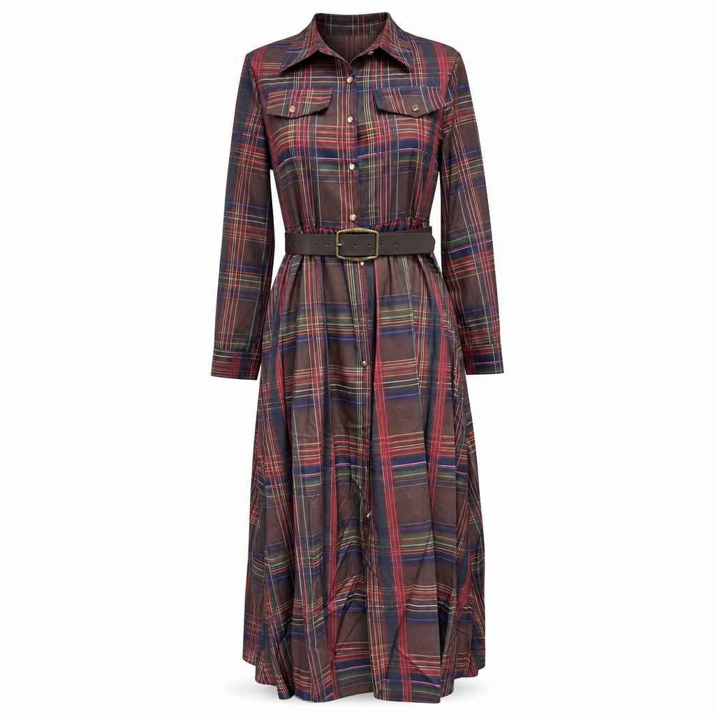 Plus Size Women French Vintage Plaid Dress with Irregular Hem and Slimming Design