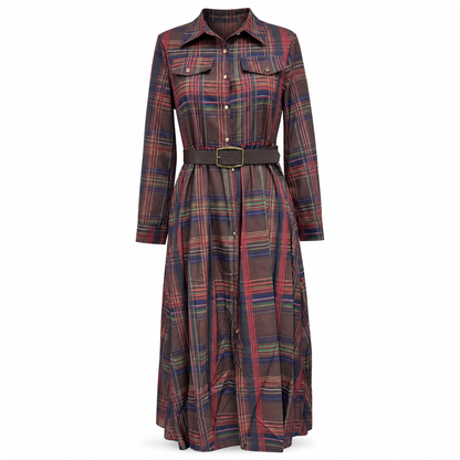 Plus Size Women French Vintage Plaid Dress with Irregular Hem and Slimming Design