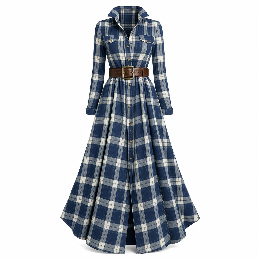 Plus Size Women French Vintage Plaid Dress with Irregular Hem and Slimming Design