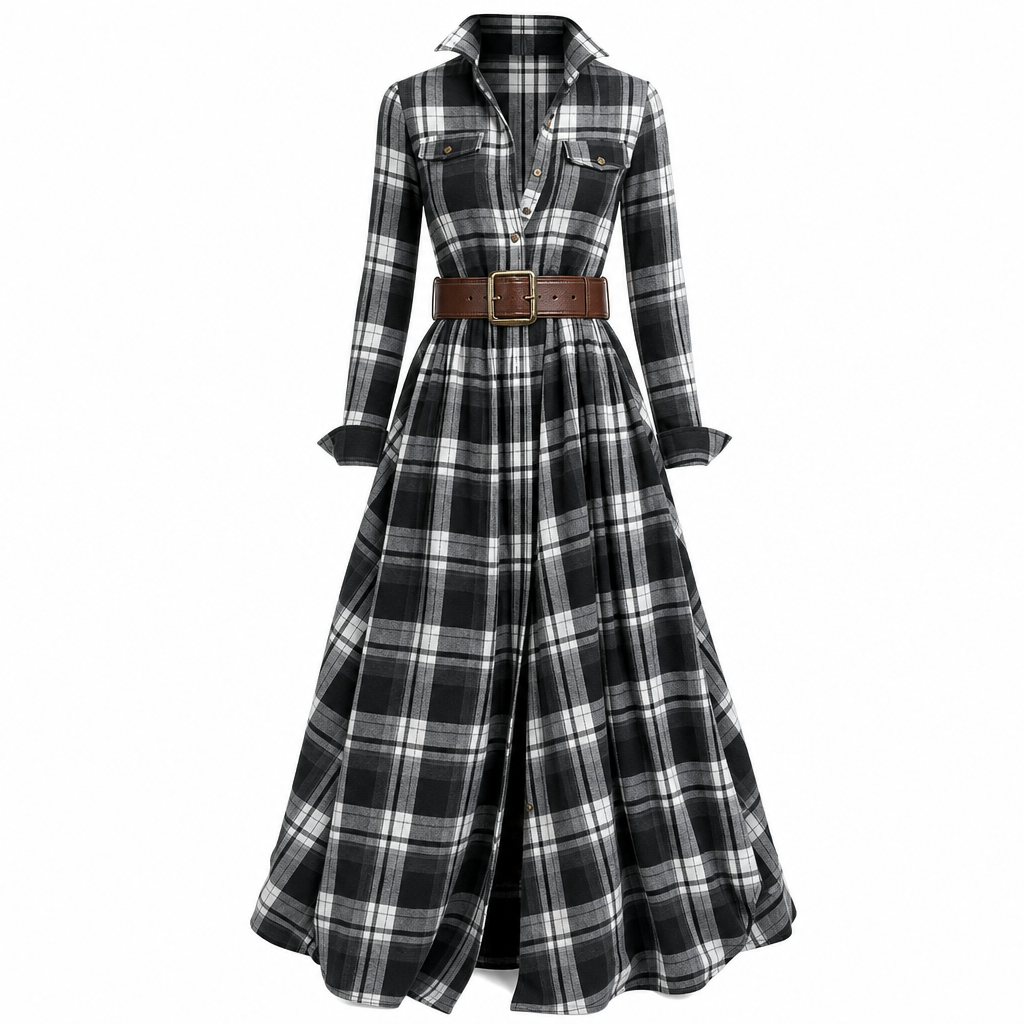 Plus Size Women French Vintage Plaid Dress with Irregular Hem and Slimming Design