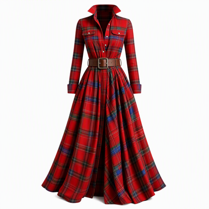 Plus Size Women French Vintage Plaid Dress with Irregular Hem and Slimming Design