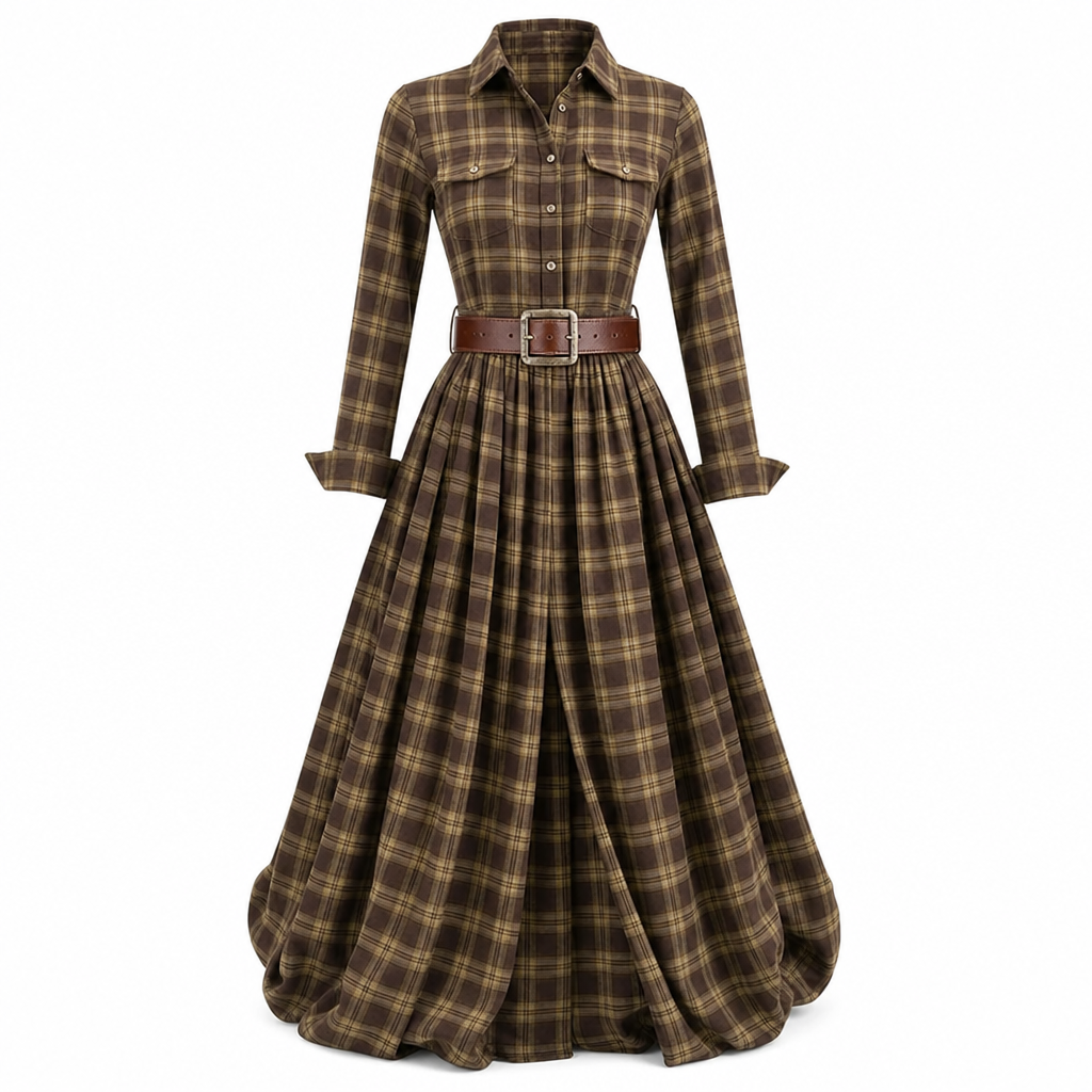 Plus Size Women French Vintage Plaid Dress with Irregular Hem and Slimming Design