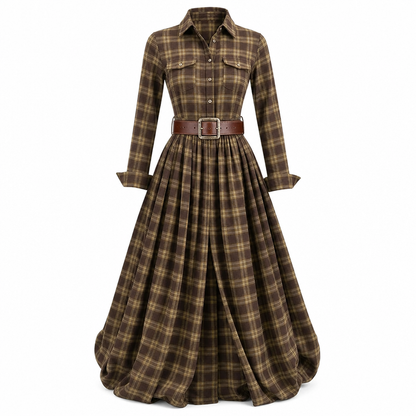 Plus Size Women French Vintage Plaid Dress with Irregular Hem and Slimming Design
