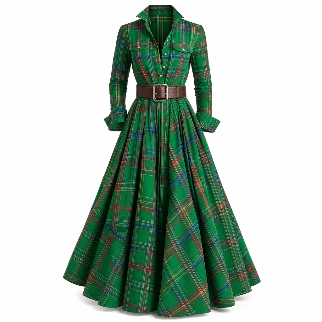 Plus Size Women French Vintage Plaid Dress with Irregular Hem and Slimming Design
