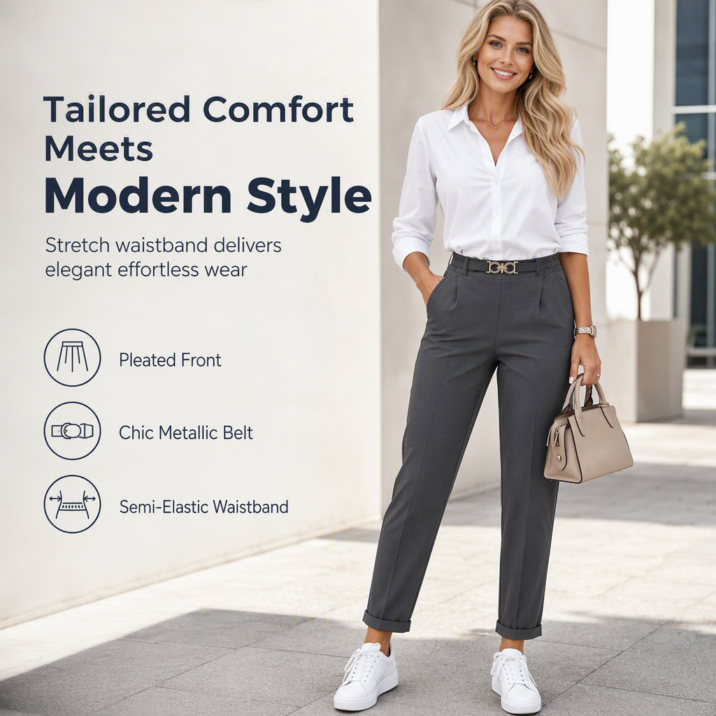 Women's Pleated Tapered Ankle Pants with Metallic Double Ring Accent Belt and Semi Elastic Waistband