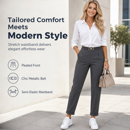Women's Pleated Tapered Ankle Pants with Metallic Double Ring Accent Belt and Semi Elastic Waistband