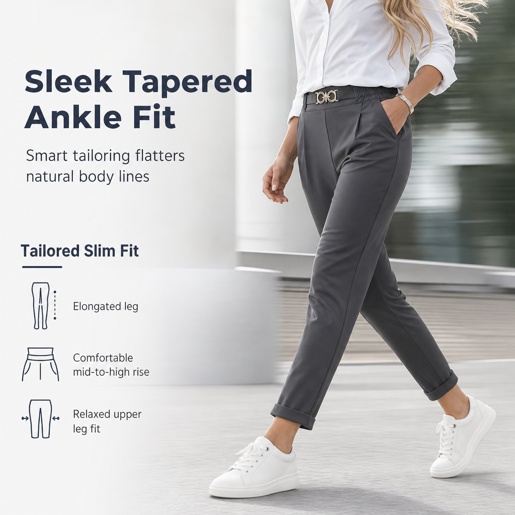 Women's Pleated Tapered Ankle Pants with Metallic Double Ring Accent Belt and Semi Elastic Waistband