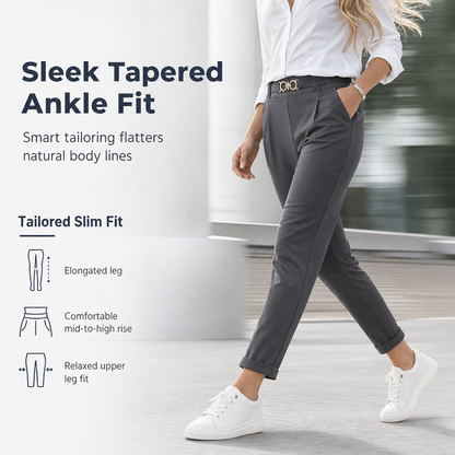 Women's Pleated Tapered Ankle Pants with Metallic Double Ring Accent Belt and Semi Elastic Waistband