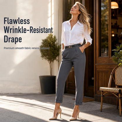 Women's Pleated Tapered Ankle Pants with Metallic Double Ring Accent Belt and Semi Elastic Waistband