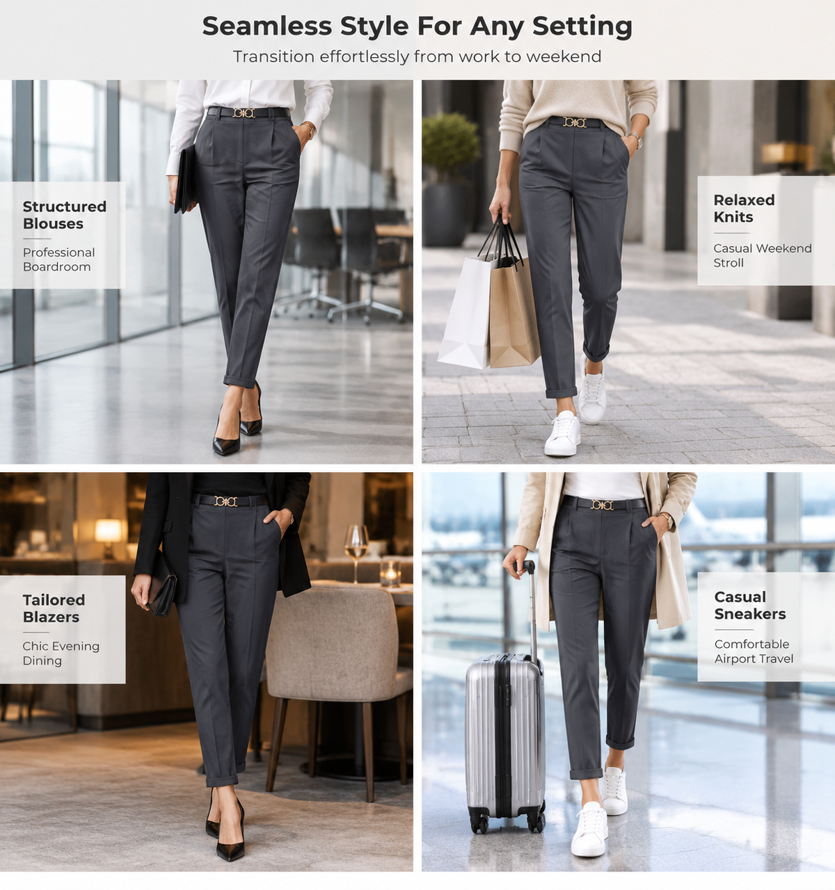 Women's Pleated Tapered Ankle Pants with Metallic Double Ring Accent Belt and Semi Elastic Waistband