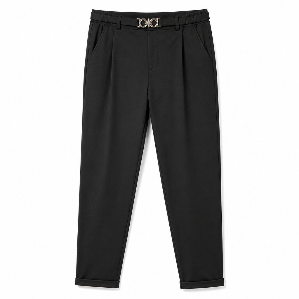 Women's Pleated Tapered Ankle Pants with Metallic Double Ring Accent Belt and Semi Elastic Waistband