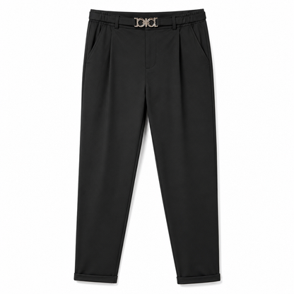 Women's Pleated Tapered Ankle Pants with Metallic Double Ring Accent Belt and Semi Elastic Waistband