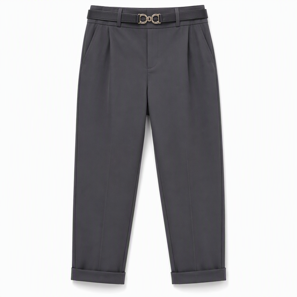 Women's Pleated Tapered Ankle Pants with Metallic Double Ring Accent Belt and Semi Elastic Waistband