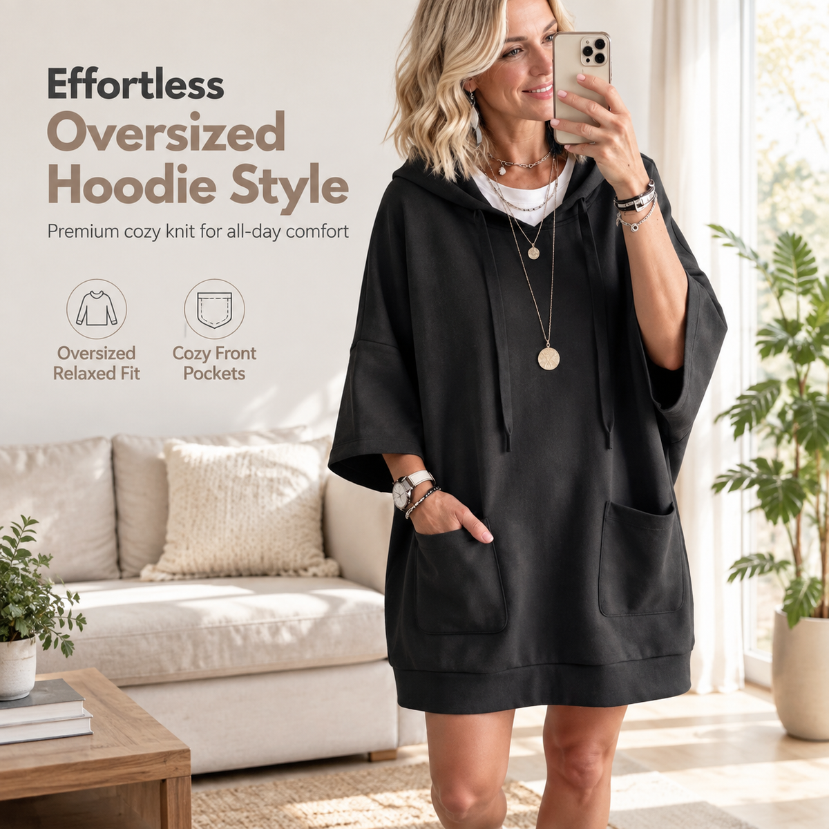 🧶✨ Women's Casual Solid Color Hooded Sweatshirt