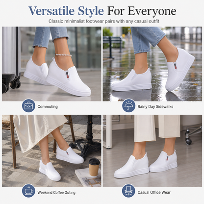 Women's Soft Leather Slip On Shoes with Hidden Height Increasing Flat Non Slip Sole