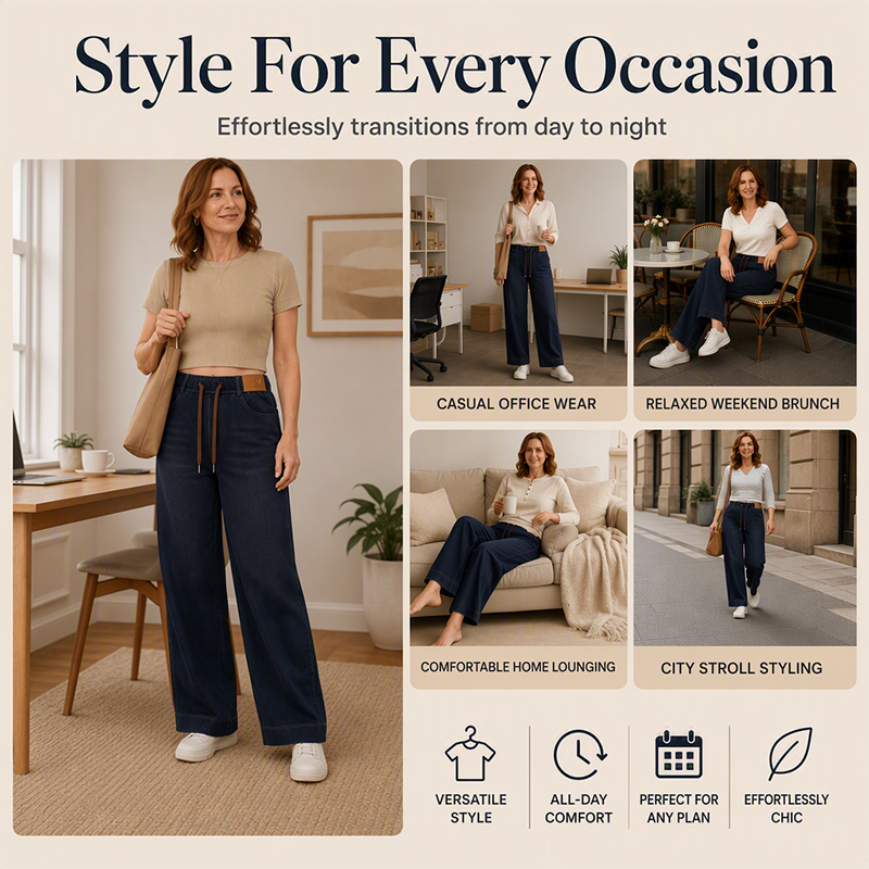 Women's Casual Drawstring Wide-Leg Jeans
