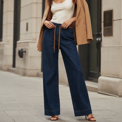 Women's Casual Drawstring Wide-Leg Jeans
