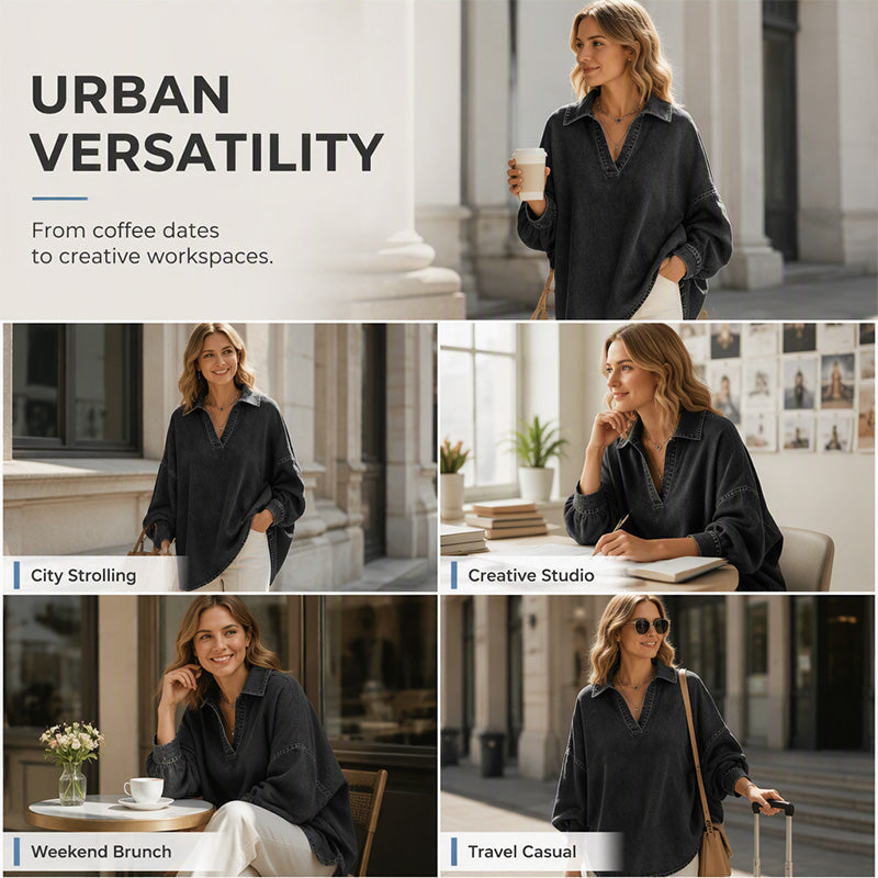 💙 Relaxed Denim Style | Women's Oversized Washed Denim Batwing V-Neck Blouse
