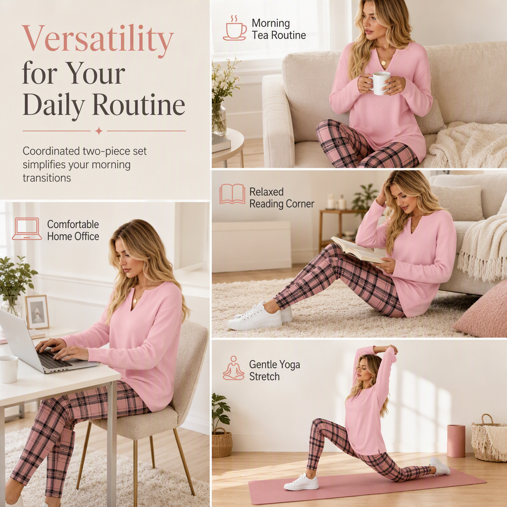 ☁️ Cozy Made Easy | Women's Relaxed Knit Top & Plaid Leggings 2-Piece Set
