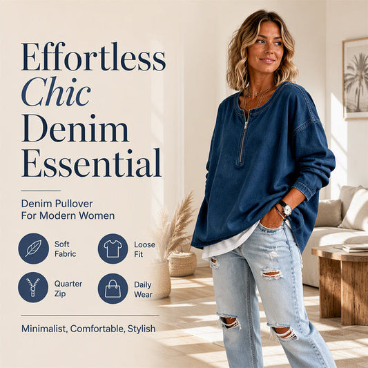 💙 Denim Texture, Easy Half-Zip Style | Women's Long-Sleeve Pullover