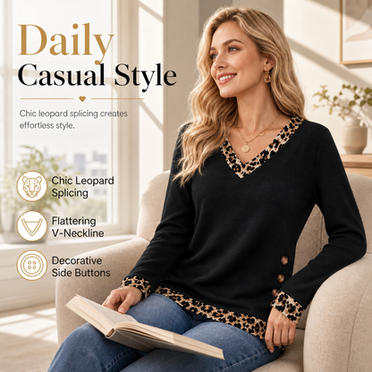 ✨Women's V-Neck Leopard Trim Knit Top🐆Elegant Contrast Detail Long Sleeve Sweater