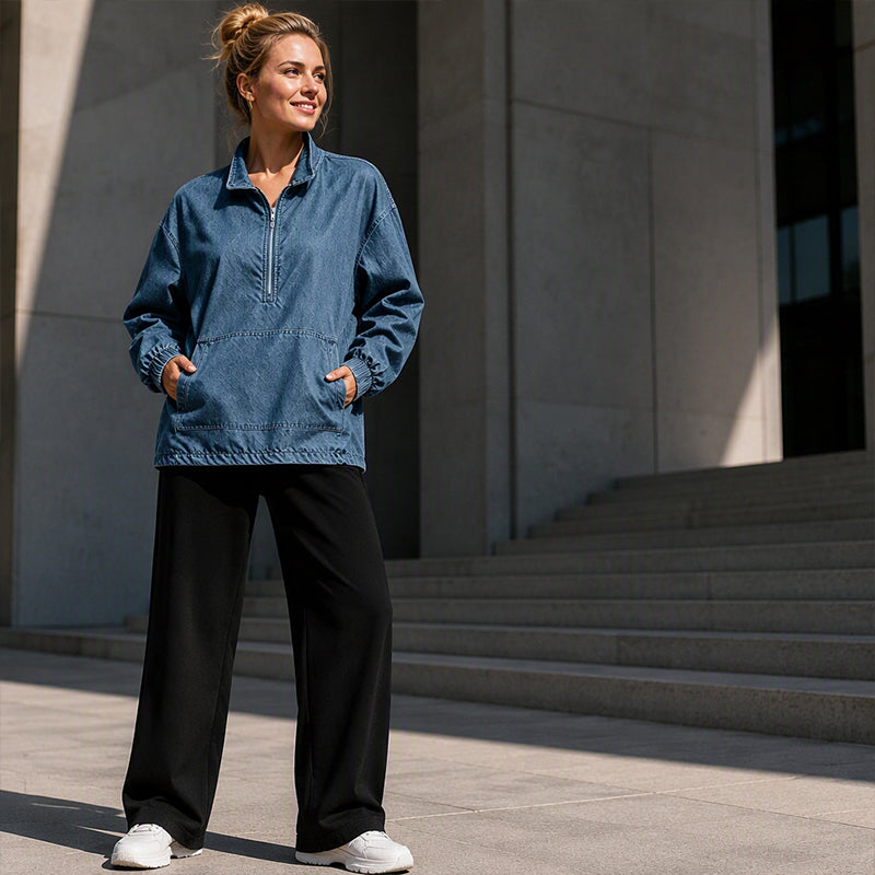 ✨ Relaxed by Design | Women’s Washed Denim Half-Zip Oversized Jacket
