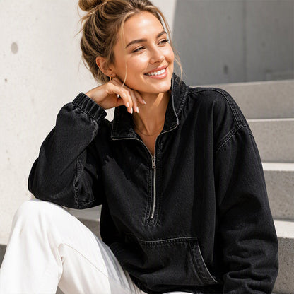 ✨ Relaxed by Design | Women’s Washed Denim Half-Zip Oversized Jacket
