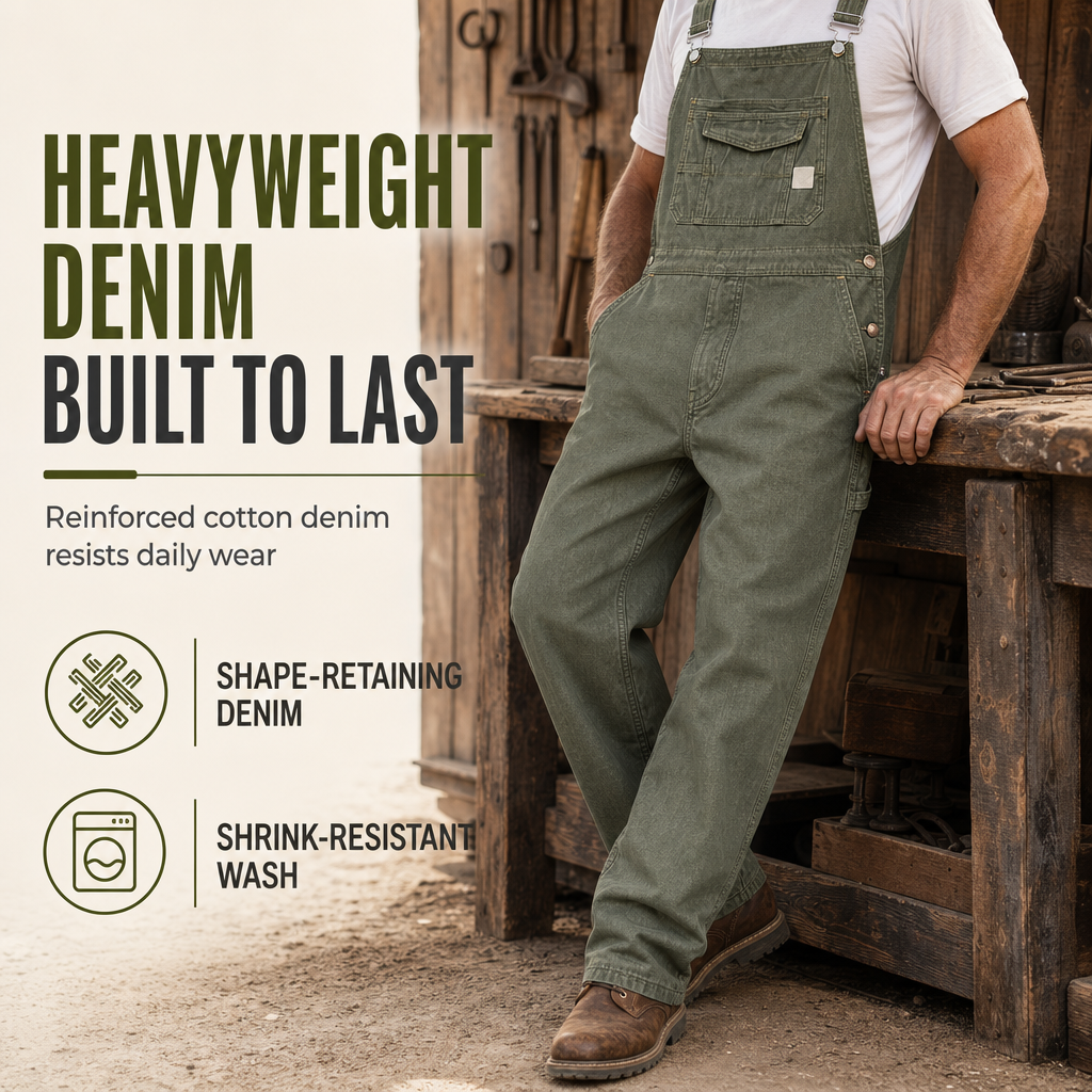 👖 Men's Heavyweight Cotton Denim Overalls | Relaxed Fit, Straight Leg Dungarees with Multi-Pocket Utility ✨